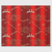 Feestelijke Golden Angels en Sparkling Deer Red Xm Cadeaupapier (Vlak)