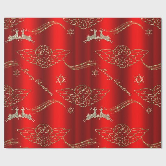Feestelijke Golden Angels en Sparkling Deer Red Xm Cadeaupapier (Vlak)
