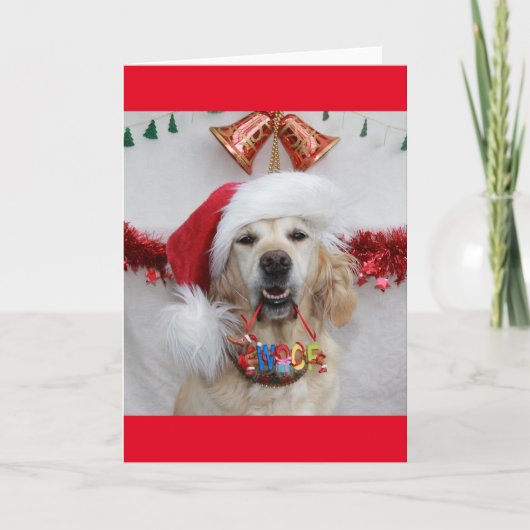 Feestelijke Golden Retriever met kerst 'Woof' Feestdagen Kaart (Voorkant)