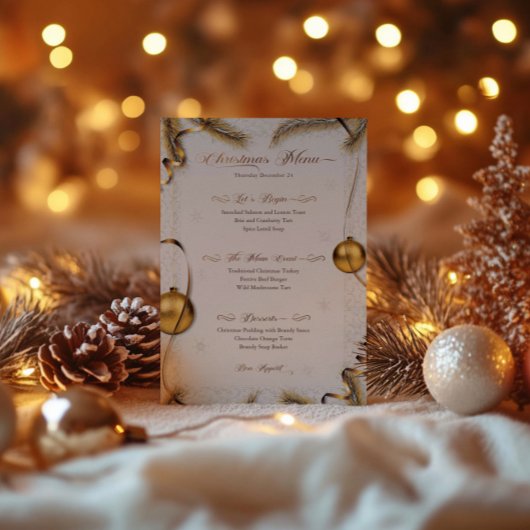 Feestelijke Goud & Wit Kerstdiner Menu Kaart
