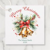 Feestelijke Gouden Bellen met Rode Boog Kerstmis Bedankjes Labels (Voorkant)