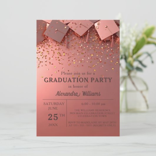 Feestelijke Gouden Confetti op Pink Graduation Par Kaart (Staand voorkant)