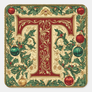 Feestelijke gouden en rode letter T met groen Vierkante Sticker