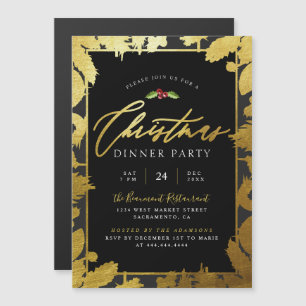 Feestelijke gouden folie & zwarte kerstdiner parti magnetische uitnodiging