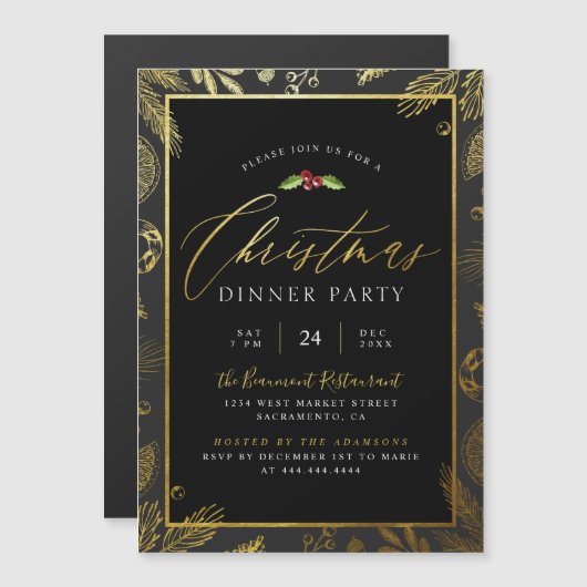 Feestelijke gouden folie & zwarte kerstdiner parti magnetische uitnodiging (Voorkant / Achterkant)