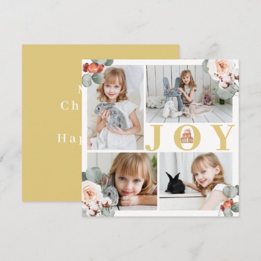 Feestelijke gouden Joy Kerstmis Groen Fotokaart (Voorkant / Achterkant)