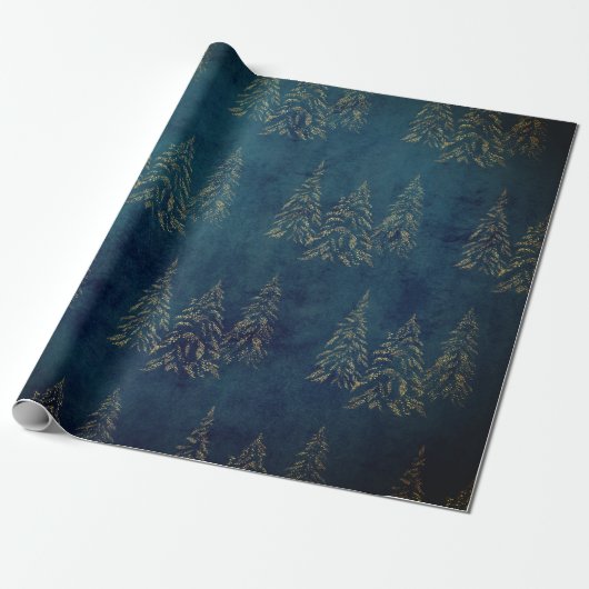 Feestelijke Gouden Kerstbomen Blauw Midnight Cadeaupapier (Uitgerold)