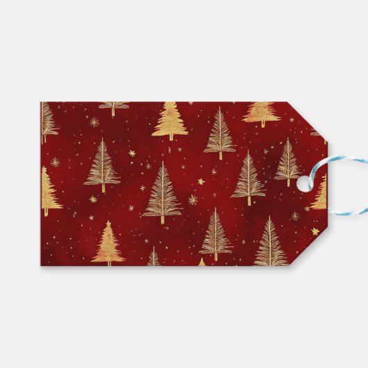 Feestelijke gouden kerstbomen op rood cadeaulabel (Voorkant (Horizontaal))