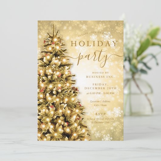 Feestelijke Gouden Kerstboom Bedrijf Vakantiefeest Kaart (Staand voorkant)