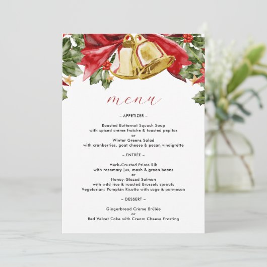 Feestelijke gouden klokken kerstdiner menu (Staand voorkant)