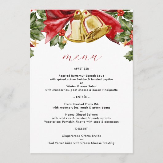 Feestelijke gouden klokken kerstdiner menu (Voorkant)
