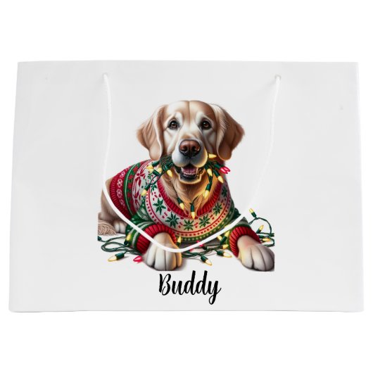 Feestelijke Gouden Retriever Kerst Gift Bag Groot Cadeauzakje (Voorkant)