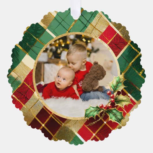 Feestelijke gouden, rode & groene kerst geruite fo ornament kaart (Voorkant)