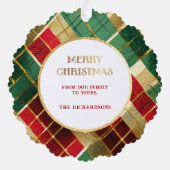 Feestelijke gouden, rode & groene kerst geruite fo ornament kaart (Achterkant)