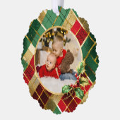 Feestelijke gouden, rode & groene kerst geruite fo ornament kaart (Links)