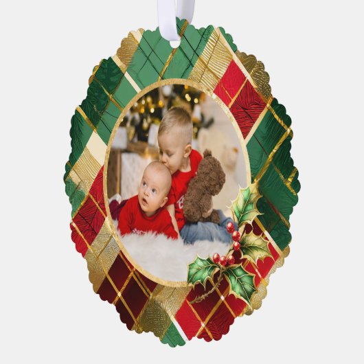 Feestelijke gouden, rode & groene kerst geruite fo ornament kaart (Links)