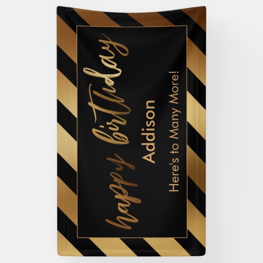 Feestelijke gouden strepen op Black Happy Birthday Spandoek (Verticaal)