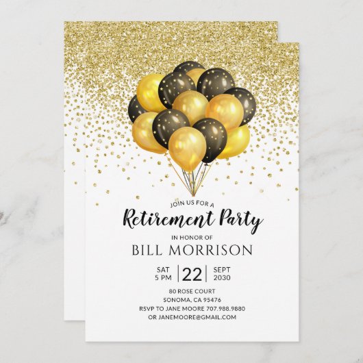 Feestelijke Gouden Zwart Wit Uitnodiging tot pensi (Voorkant / Achterkant)