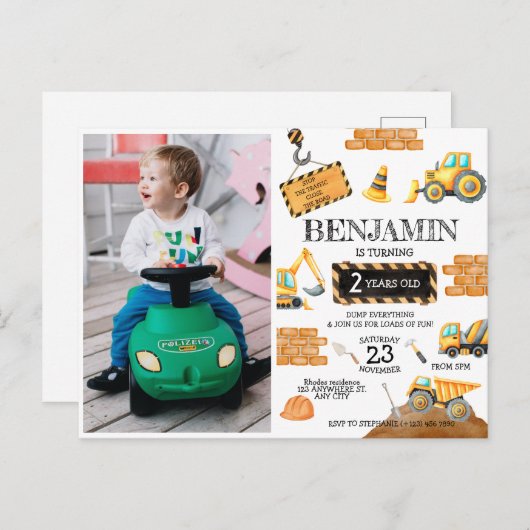 Feestelijke graafwagens 1e verjaardagsfeestje briefkaart (Voorkant / Achterkant)