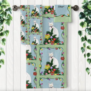 Feestelijke Grappige Kerstboom Grappige Witte Kat  Bad Handdoek