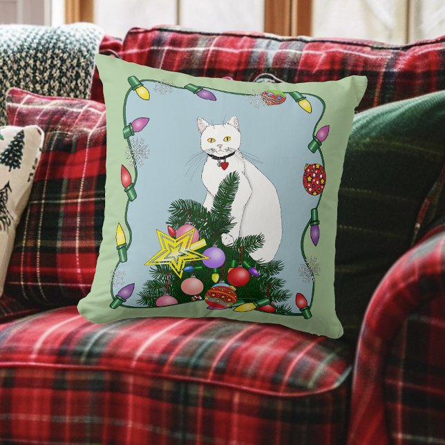 Feestelijke Grappige Kerstboom Grappige Witte Kat  Kussen (Creator heeft geüpload)