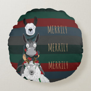 Feestelijke Grappige "Merrily" Schaap Ezel Llama G Rond Kussen