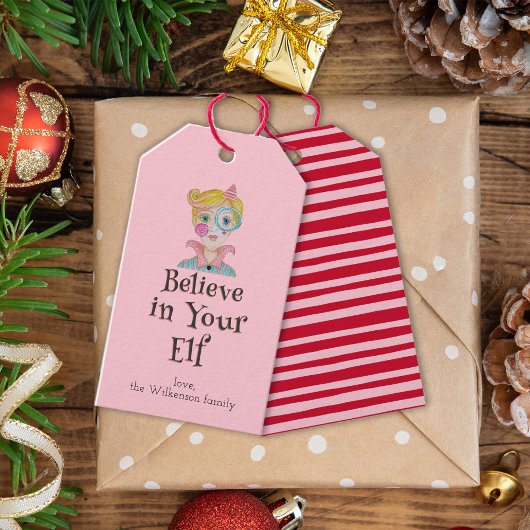 Feestelijke grappige woordspeling Elf roze rode st Cadeaulabel