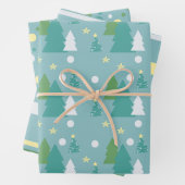 Feestelijke Groene & Blauwe Kerstbomen Inpakpapier Vel (In situ)