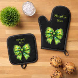 Feestelijke groene bont bow-lights stout of leuke  ovenwant & pannenlap set