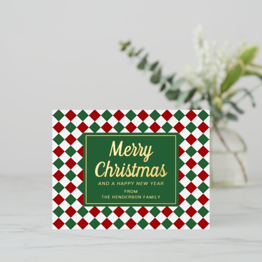 Feestelijke Groene Check Vrolijk Kerstgoud Folie Feestdagen Briefkaart (Staand Voorkant)