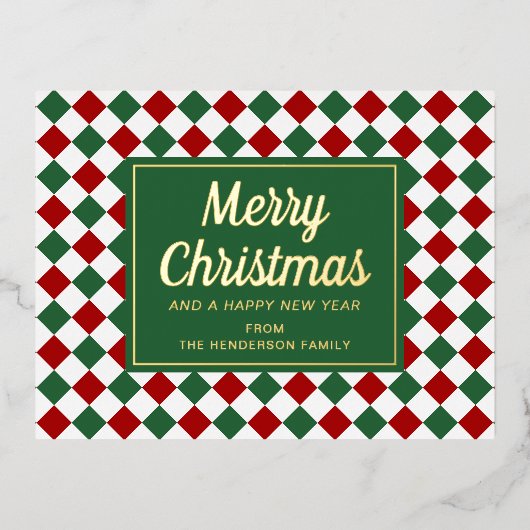 Feestelijke Groene Check Vrolijk Kerstgoud Folie Feestdagen Briefkaart (Voorkant)