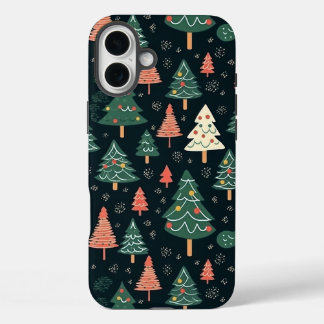 Feestelijke groene en koraalrode kerstboompatroon iPhone 16 plus hoesje
