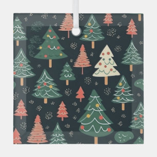 Feestelijke groene en koraalrode kerstboompatroon glas ornament