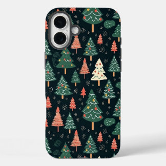 Feestelijke groene en koraalrode kerstboompatroon iPhone 16 plus hoesje