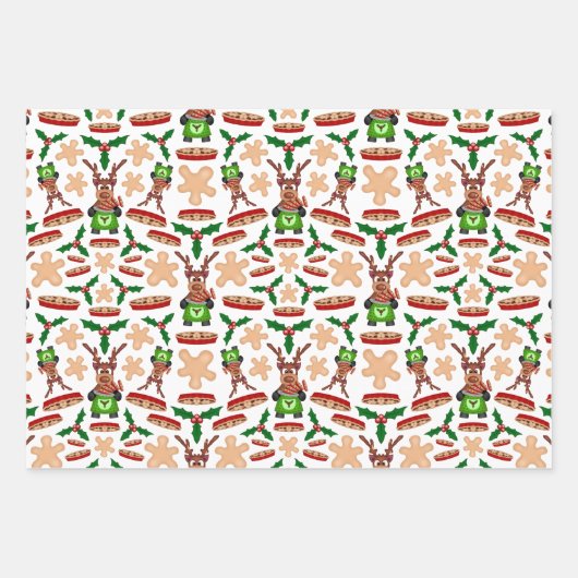 Feestelijke groene en rode Kasky kerstrendieren Inpakpapier Vel (Voorkant 3)