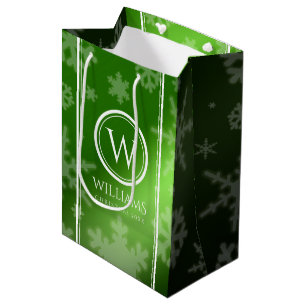 Feestelijke Groene Folie Sneeuwvlokken Monogram Na Medium Cadeauzakje