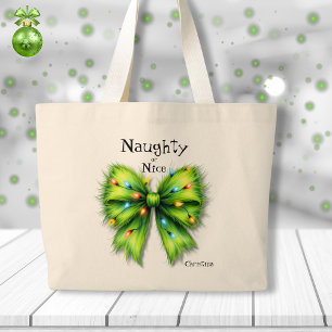 Feestelijke groene Furry Bow-Lights Naughty or Nic Grote Tote Bag