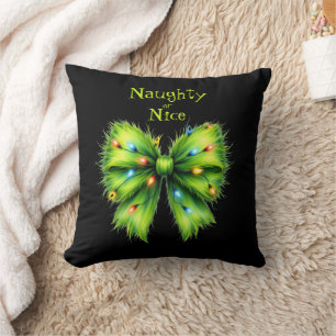 Feestelijke groene Furry Bow-Lights Naughty or Nic Kussen