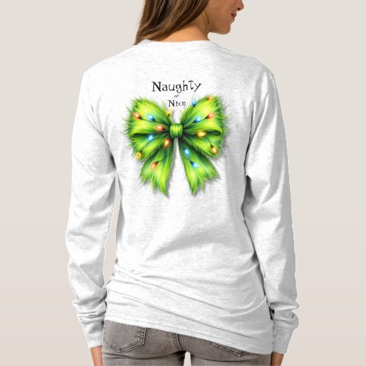 Feestelijke groene Furry Bow-Lights Naughty or Nic T-shirt (Achterkant)
