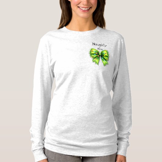 Feestelijke groene Furry Bow-Lights Naughty or Nic T-shirt (Voorkant)