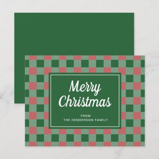 Feestelijke groene geruite Merry Christmas script Briefkaart (Voorkant / Achterkant)