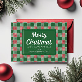 Feestelijke groene geruite Merry Christmas Script Feestdagenkaart