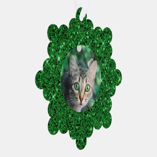Feestelijke Groene Glitter Gepersonaliseerde Kat Ornament Kaart (Rechts)