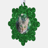 Feestelijke Groene Glitter Gepersonaliseerde Kat Ornament Kaart (Links)
