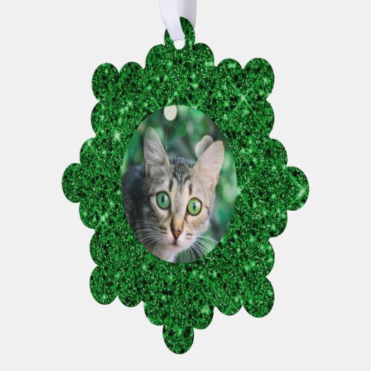 Feestelijke Groene Glitter Gepersonaliseerde Kat Ornament Kaart (Links)