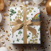 Feestelijke Groene Ierse Shamrocks, Goud & Bloemen Inpakpapier Vel