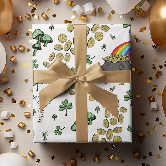 Feestelijke Groene Ierse Shamrocks, Goud & Bloemen Inpakpapier Vel