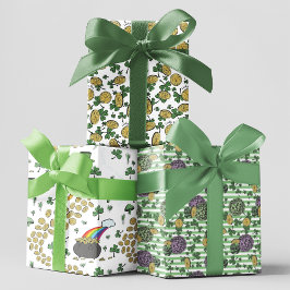 Feestelijke Groene Ierse Shamrocks, Goud & Bloemen Inpakpapier Vel