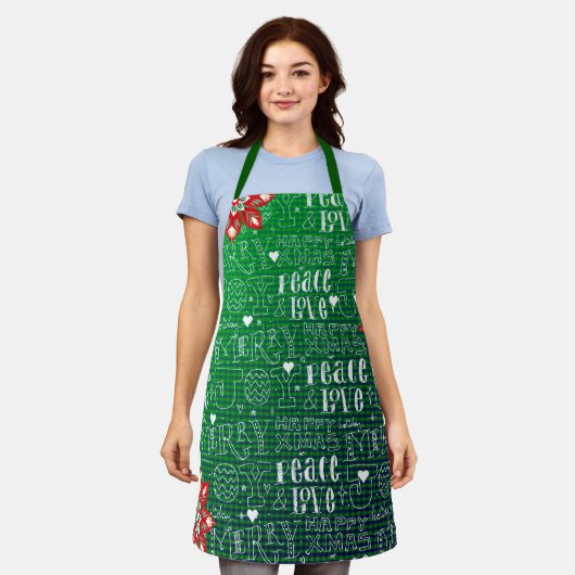 Feestelijke Groene Kerst- Script Patroon Schort (Gedragen)