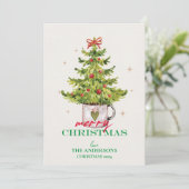 Feestelijke  groene kerstboom in pot feestdagenkaart (Staand voorkant)